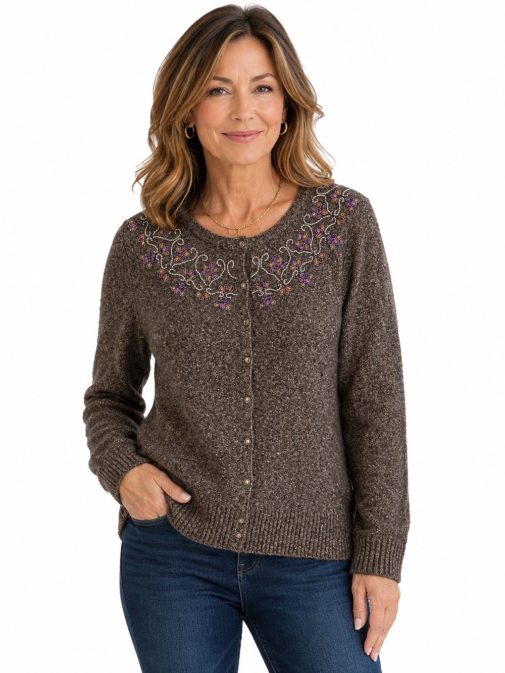 Sigrid Olsen Brown Knit Beaded Collar Snap Button Cotton Blend Cardigan Sweater